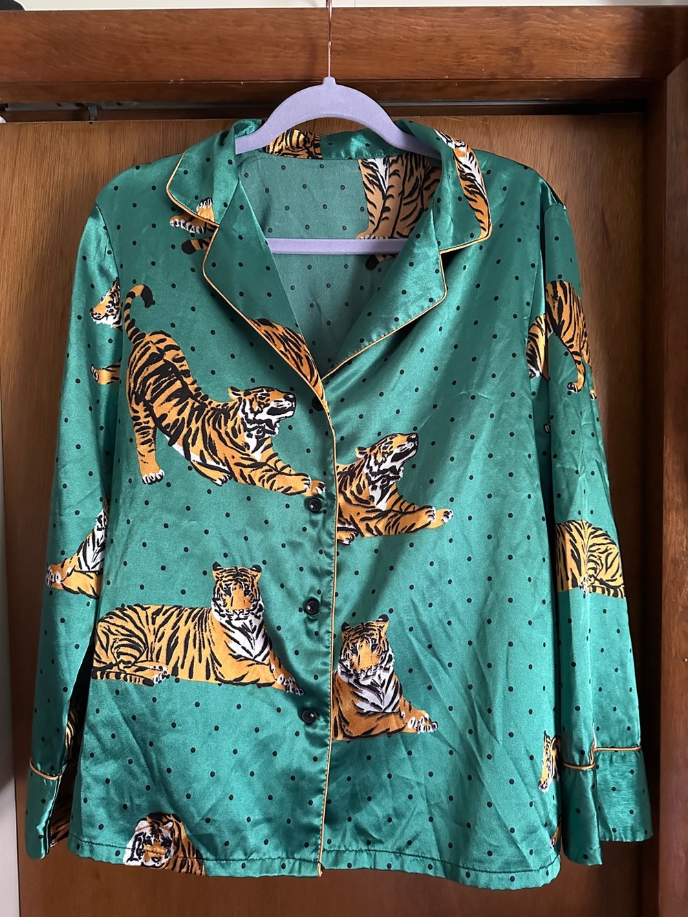 XL Silky Green Tiger Print Pajama Top / Dressy Blouse